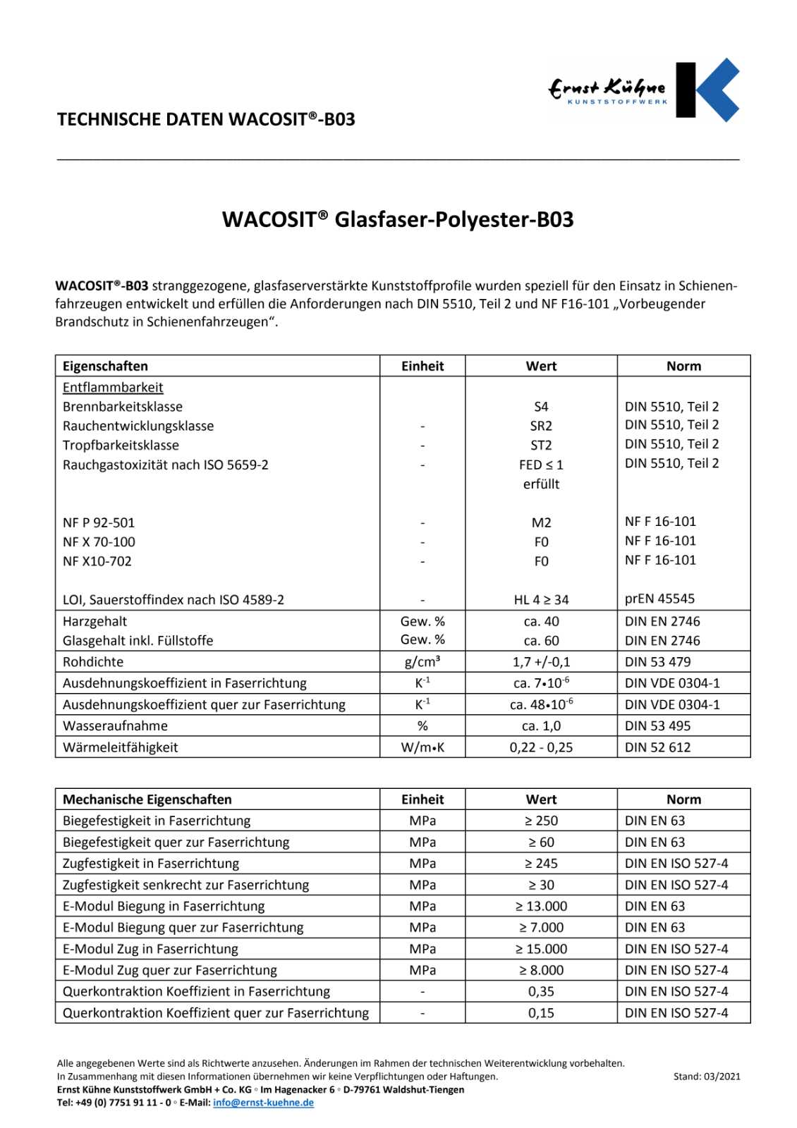 WACOSIT Technische Daten Glasfaser-Acryl B03