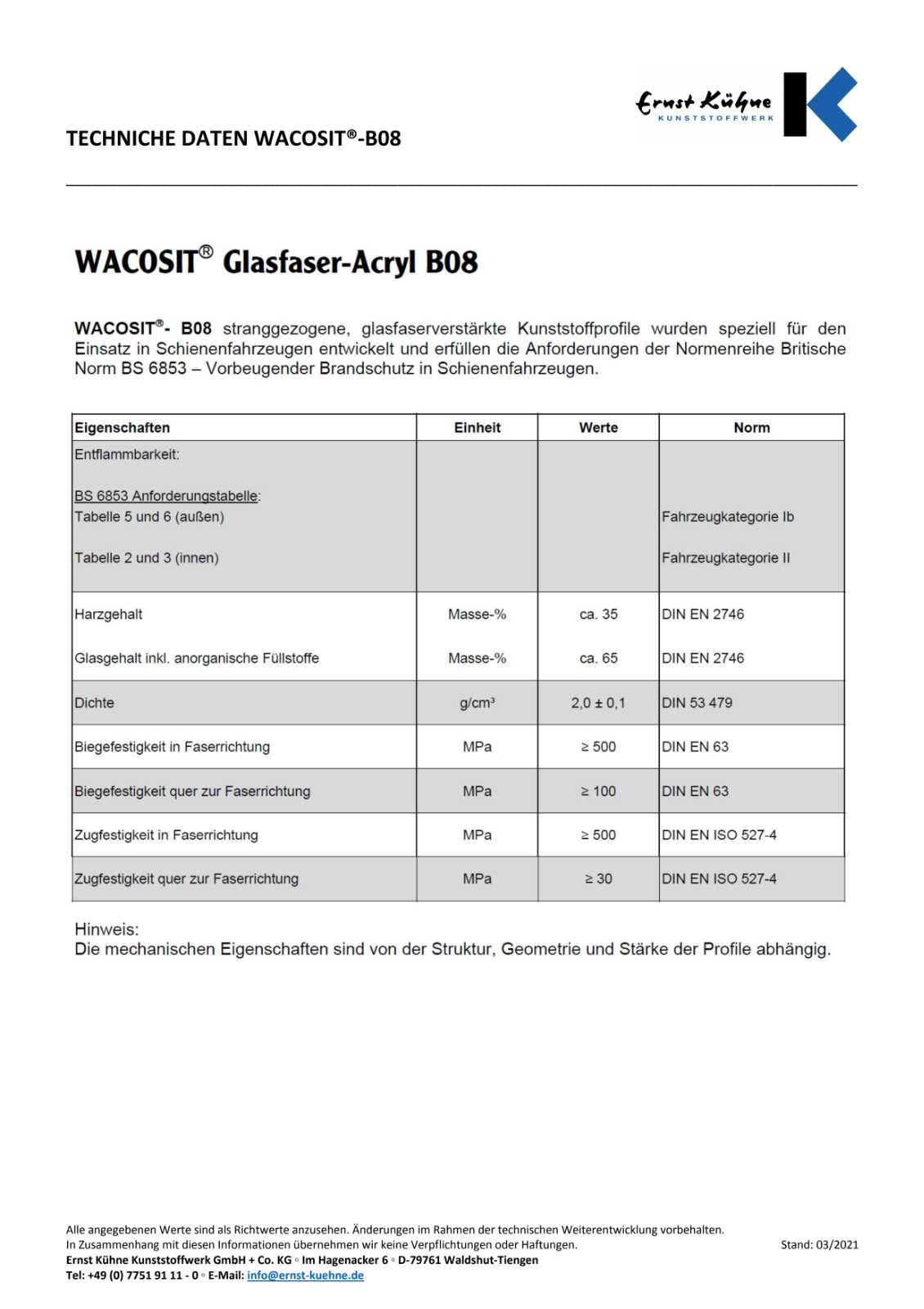 WACOSIT Technische Daten Glasfaser-Acryl B08
